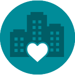 Corporate buildings with a heart icon